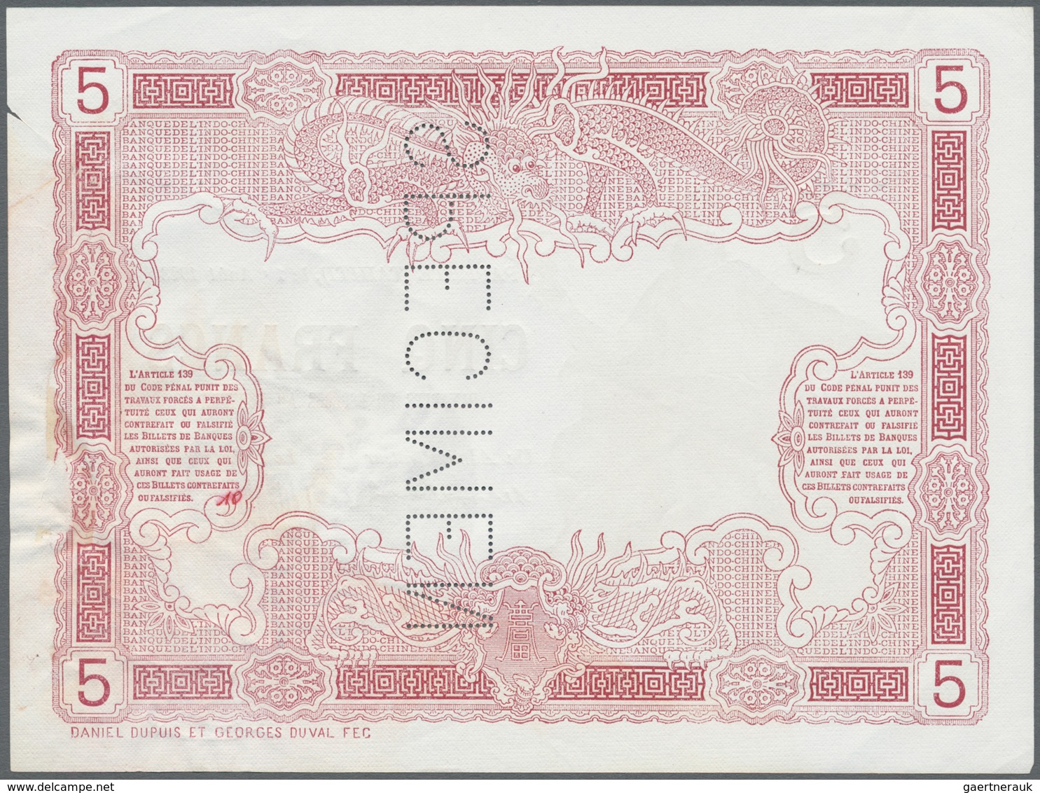 Tahiti: Very Rare Specimen Note Of 5 Francs 1923 Banque De L'Indochine P. 4s, With Vertical Specimen - Andere - Oceanië