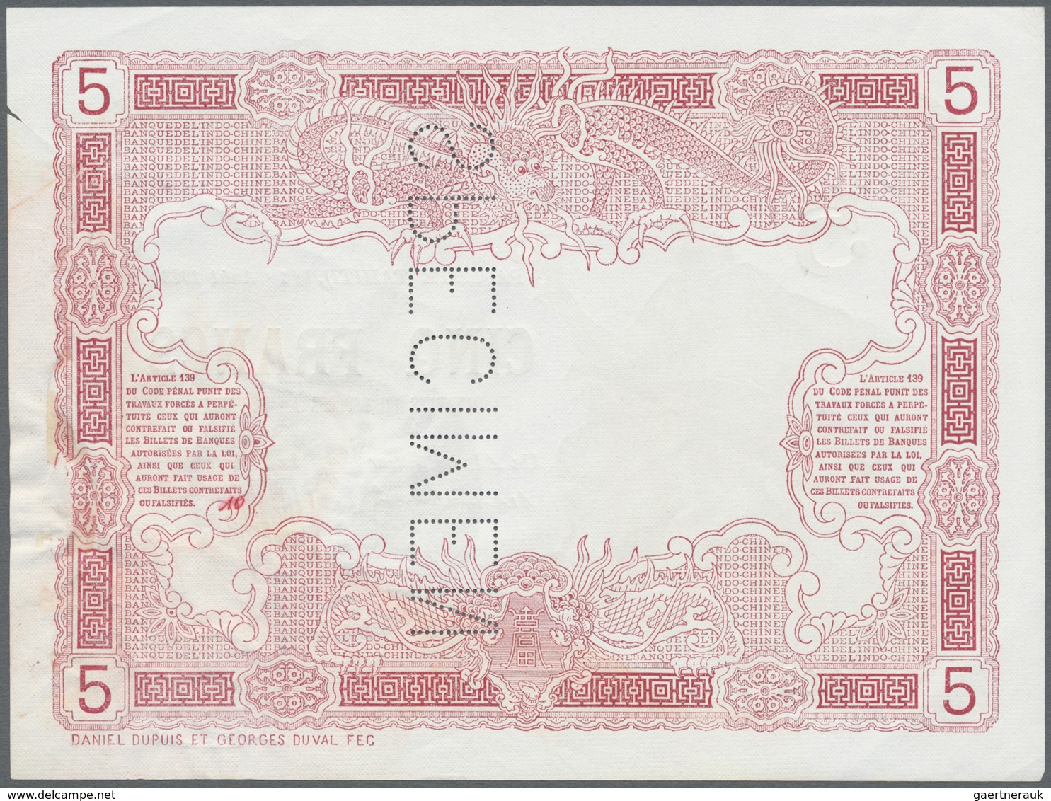 Tahiti: Very Rare Specimen Note Of 5 Francs 1923 Banque De L'Indochine P. 4s, With Vertical Specimen - Other - Oceania