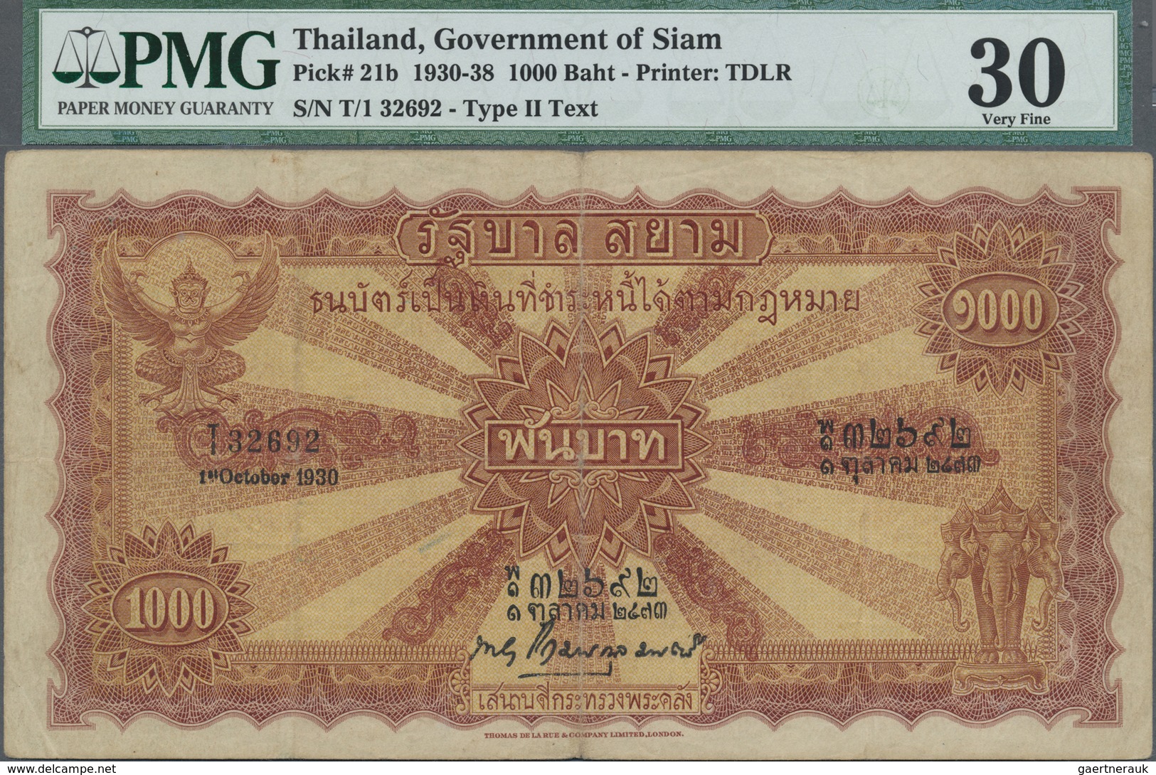 Thailand: Government Of Siam 1000 Baht 1930, P.21b, Lightly Toned Paper With Some Folds And Tiny Hol - Tailandia