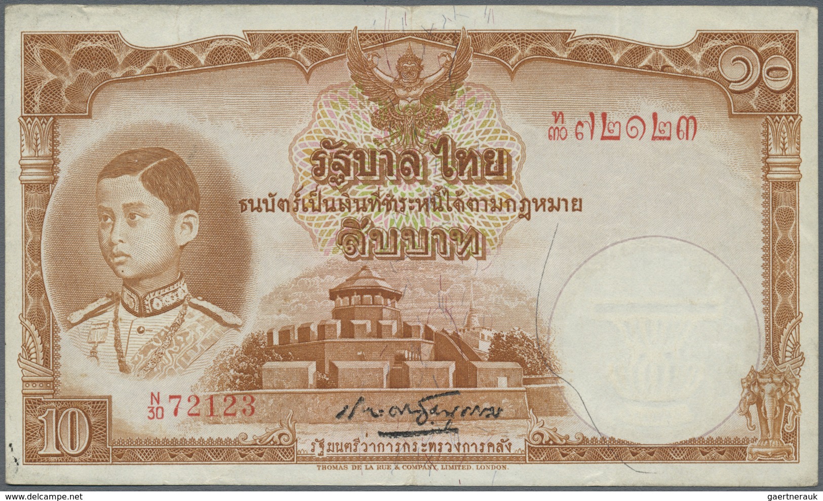 Thailand: 10 Baht 1939 P. 35a, 3 Light Vertical Folds, No Holes Or Tears, Paper With Original Crispn - Thaïlande