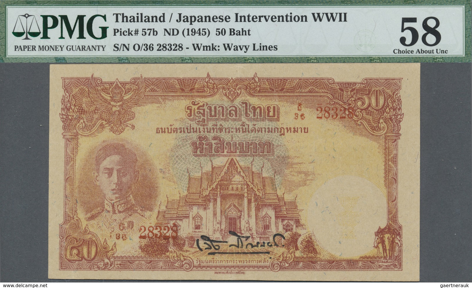 Thailand: Japanese Intervention WW II 50 Baht ND(1945) With Watermark, P.57b In Almost Perfect Condi - Tailandia