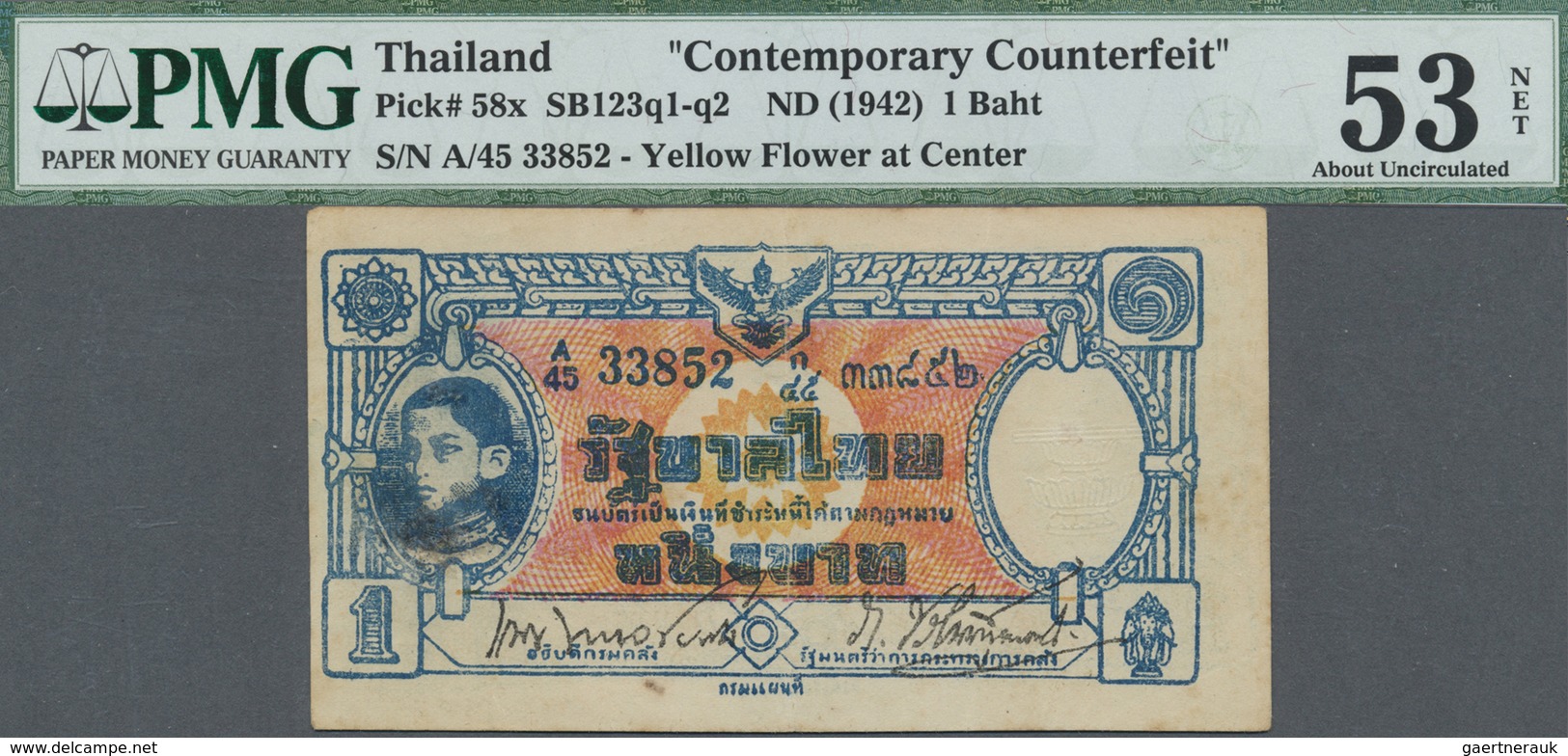 Thailand: 1 Baht ND(1942) Contemporary Counterfeit, P.58x, Lightly Toned Paper With A Few Spots, PMG - Tailandia