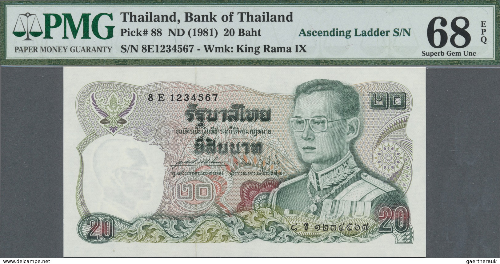 Thailand: 20 Baht ND(1981) P. 88 With Very Rare And Exceptional Serial Number #1234567 As Well As Pe - Thailand