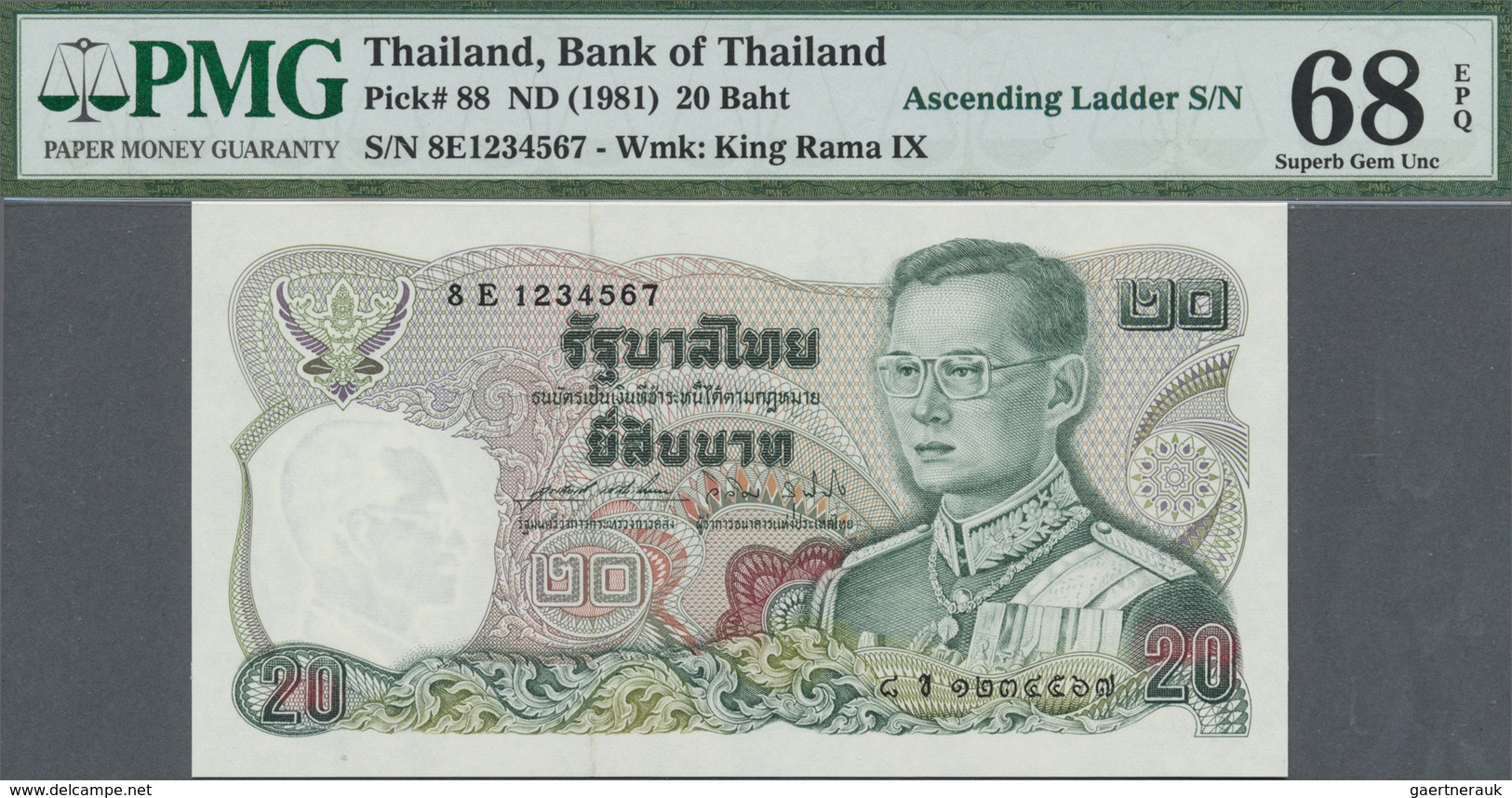 Thailand: 20 Baht ND(1981) P. 88 With Very Rare And Exceptional Serial Number #1234567 As Well As Pe - Thaïlande