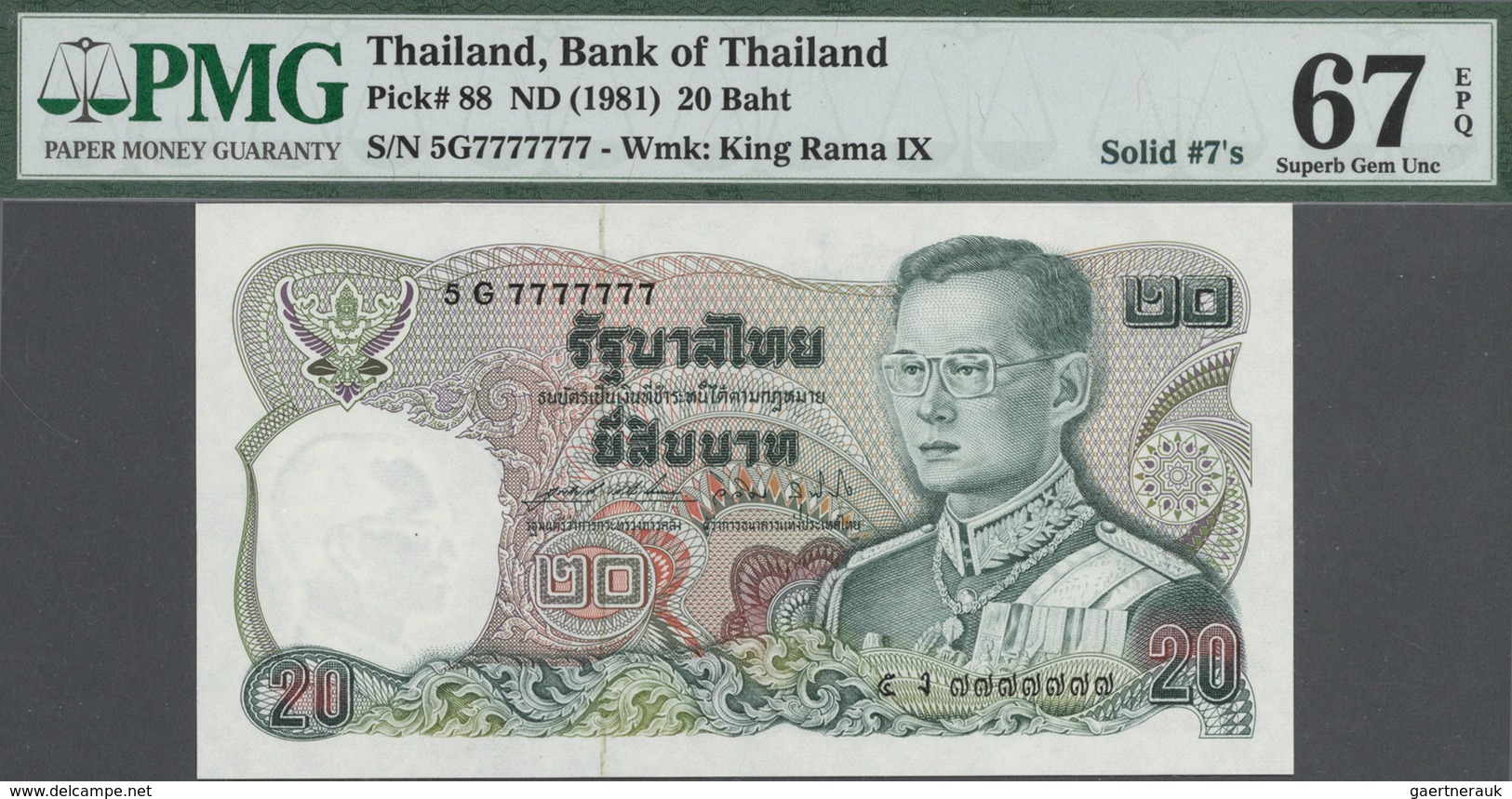 Thailand: Set Of 9 Notes 20 Baht ND(1981) P. 88 With Special Serial Numbers Containing: 5G3333333, 7 - Thailand