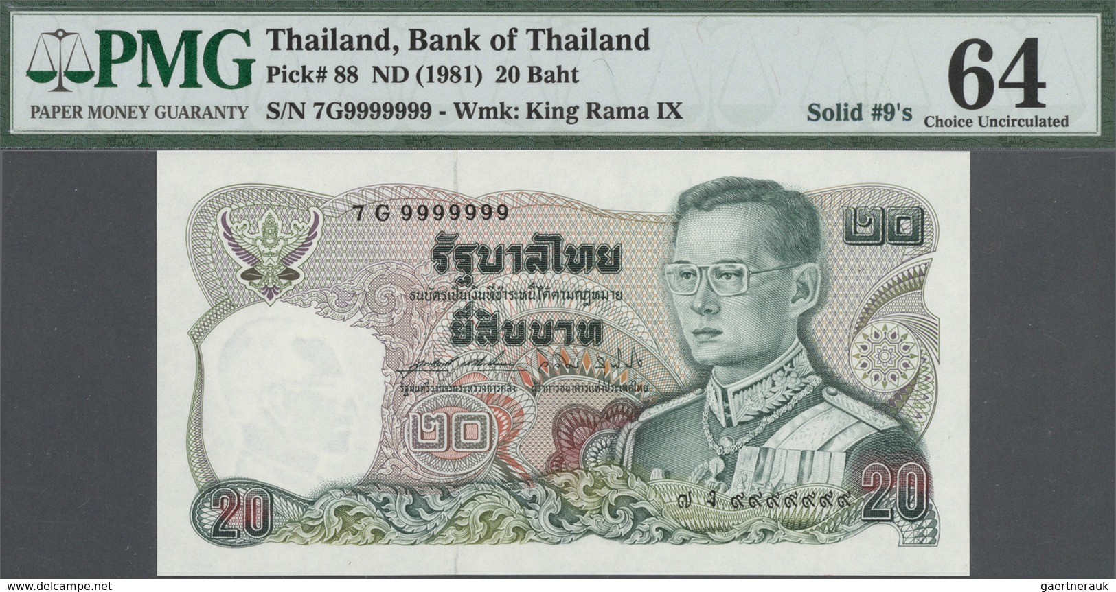 Thailand: set of 9 notes 20 Baht ND(1981) P. 88 with special serial numbers containing: 5G3333333, 7