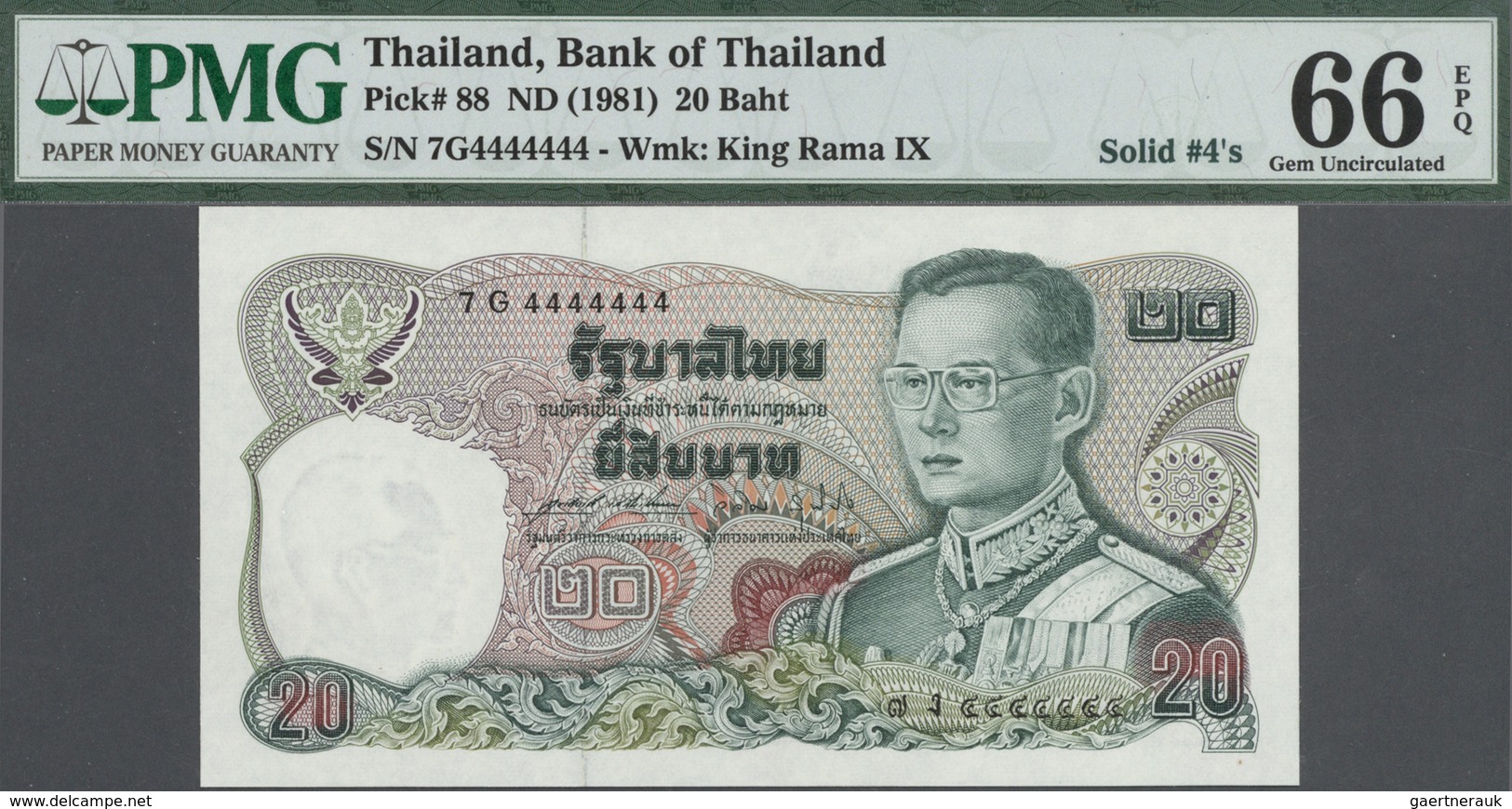 Thailand: set of 9 notes 20 Baht ND(1981) P. 88 with special serial numbers containing: 5G3333333, 7