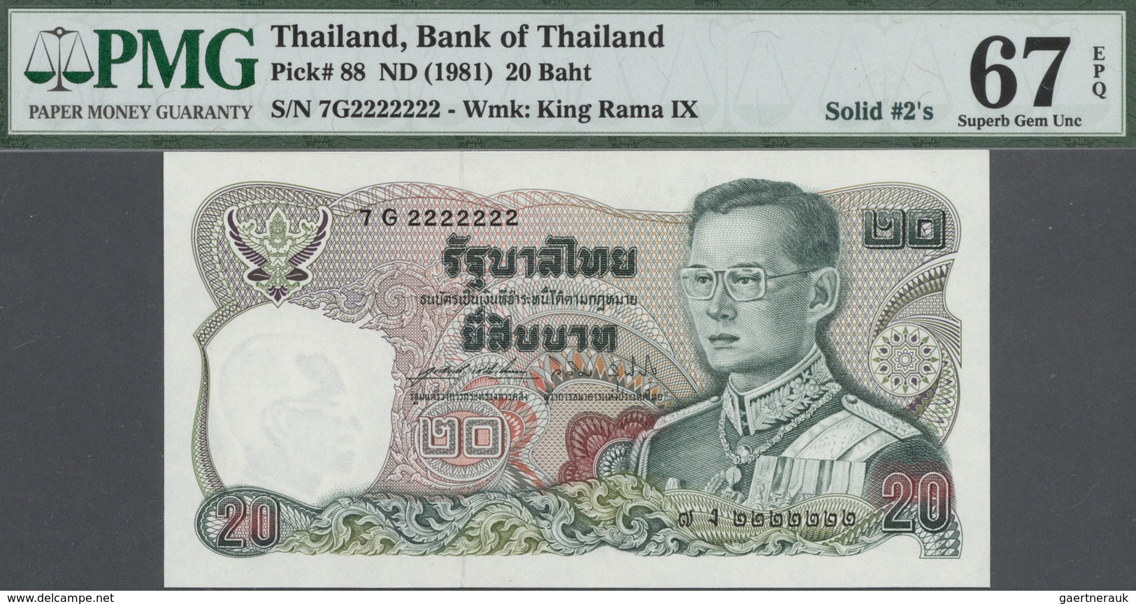 Thailand: set of 9 notes 20 Baht ND(1981) P. 88 with special serial numbers containing: 5G3333333, 7