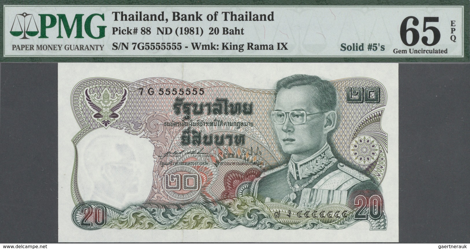 Thailand: set of 9 notes 20 Baht ND(1981) P. 88 with special serial numbers containing: 5G3333333, 7