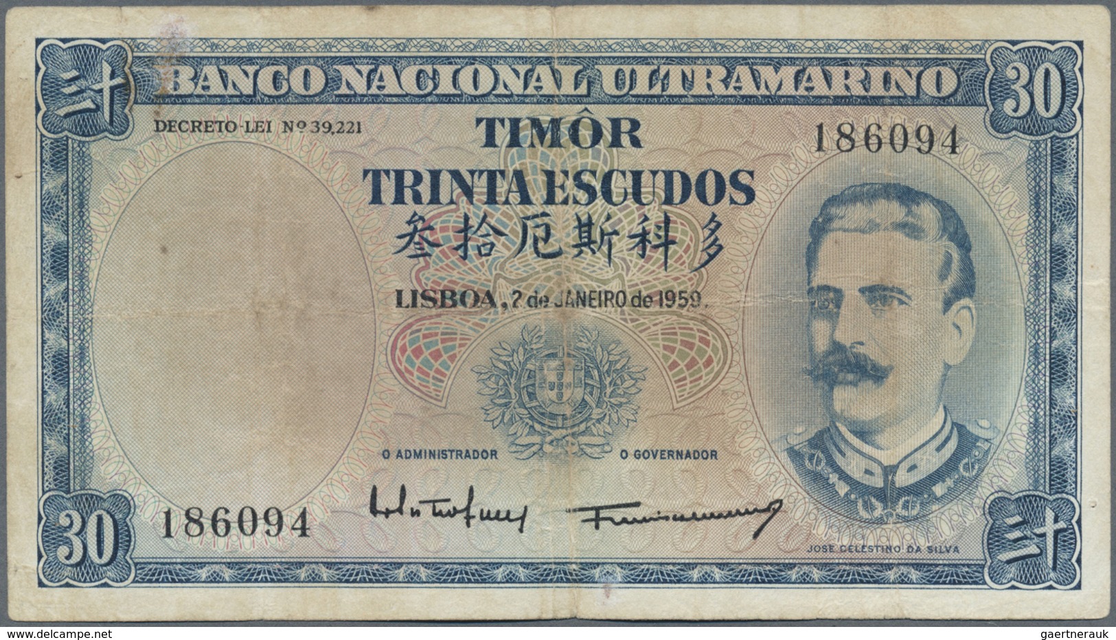 Timor: Rare Denomination 30 Escudos 1959 P. 22 In Used Condition With Folds And Stains But Without R - Timor