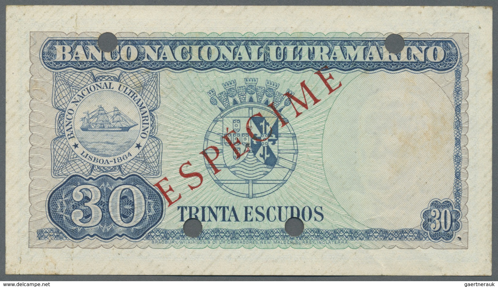 Timor: 30 Escudos 1959 Specimen P. 22s, Zero Serial Numbers, Hole Cancellation, Stained Paper, Light - Timor