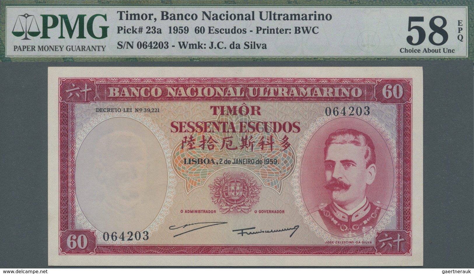 Timor: 60 Escudos 1959 P. 23a, PMG Graded 58 Choice AUNC EPQ. - Timor