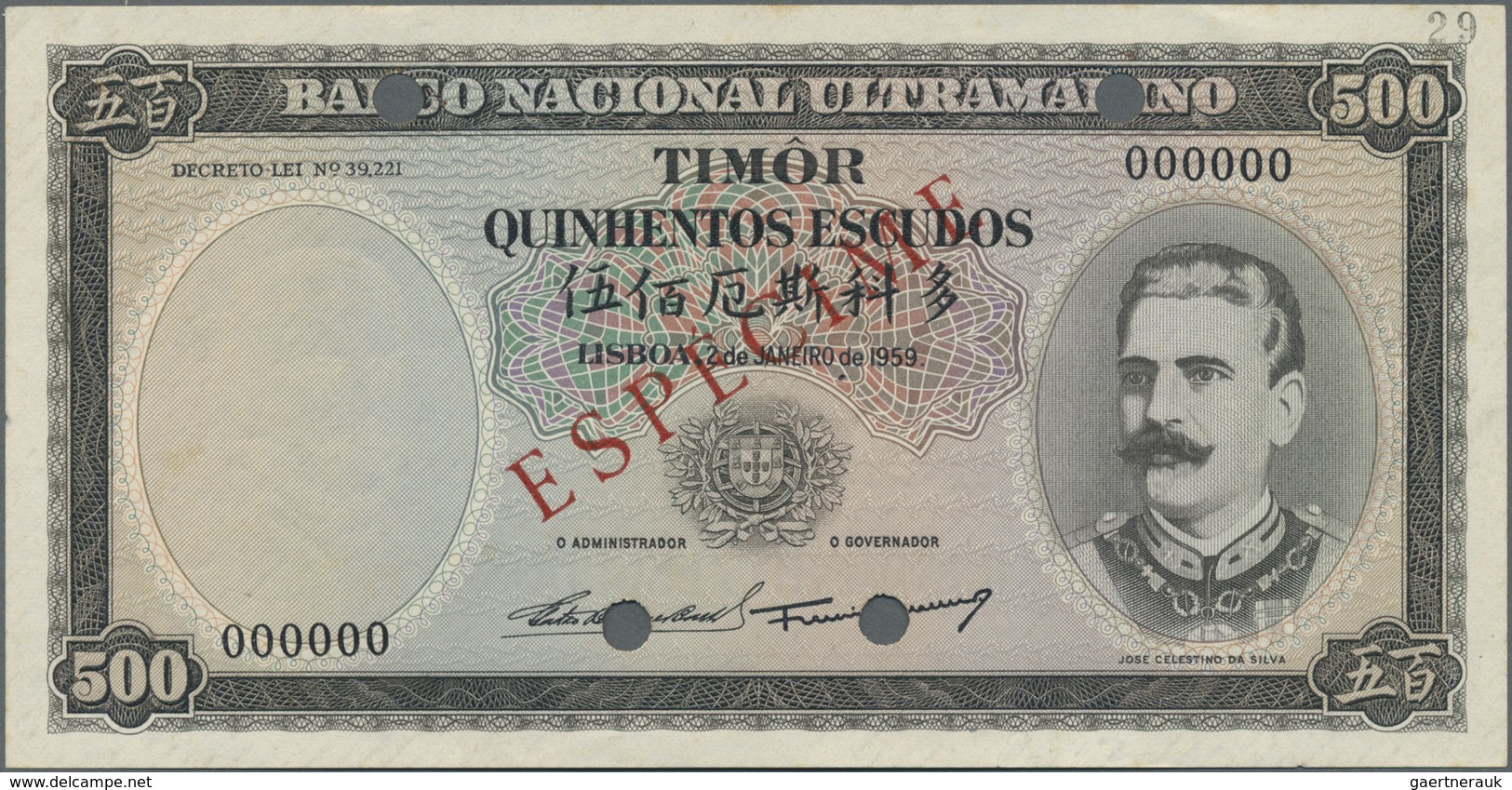 Timor: 500 Escudos 1959 Specimen P. 25s, Light Paper Thinning At Left Border, Light Handling In Pape - Timor