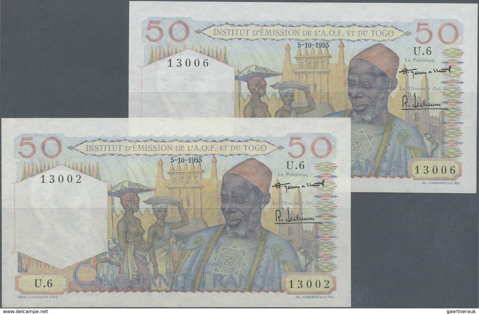Togo: Pair Of The 50 Francs 1955 Institut D'Émission De L'Afrique Occidentale Française Et Du Togo, - Togo
