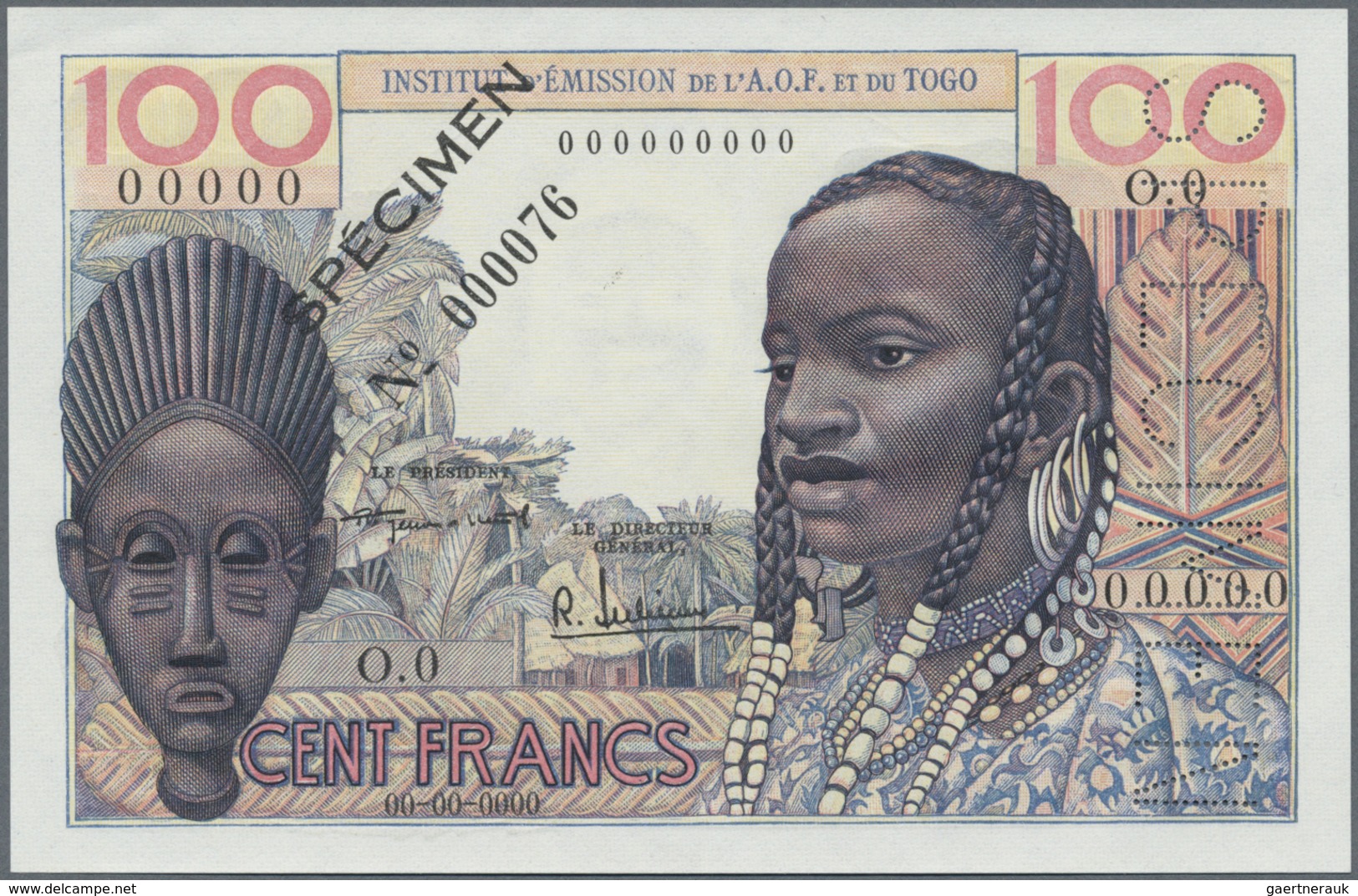Togo: Institut D'Émission De L'Afrique Occidentale Française Et Du Togo 100 Francs 1956/57 SPECIMEN, - Togo