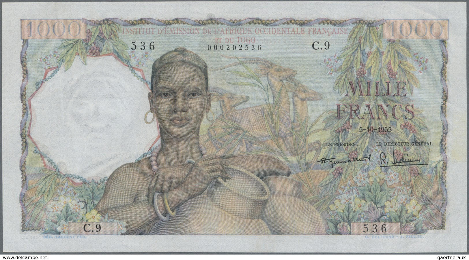 Togo: Institut D'Émission De L'Afrique Occidentale Française Et Du Togo 1000 Francs 1955, P.48, Ligh - Togo