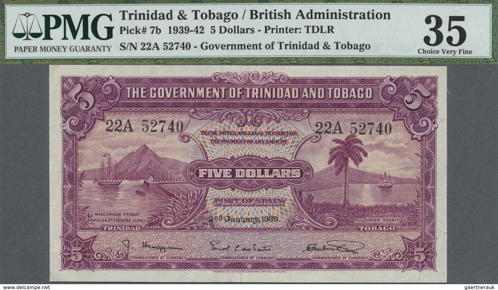 Trinidad & Tobago: 5 Dollars January 2nd 1939, P.7b With A Soft Vertical Bend At Center, Tiny Dint A - Trinidad & Tobago