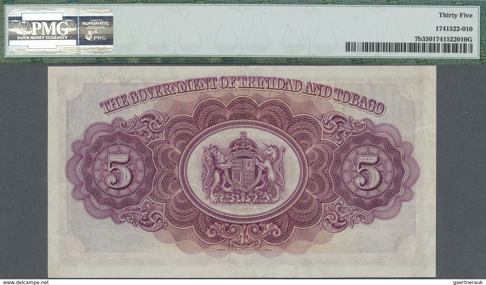 Trinidad & Tobago: 5 Dollars January 2nd 1939, P.7b With A Soft Vertical Bend At Center, Tiny Dint A - Trinidad & Tobago