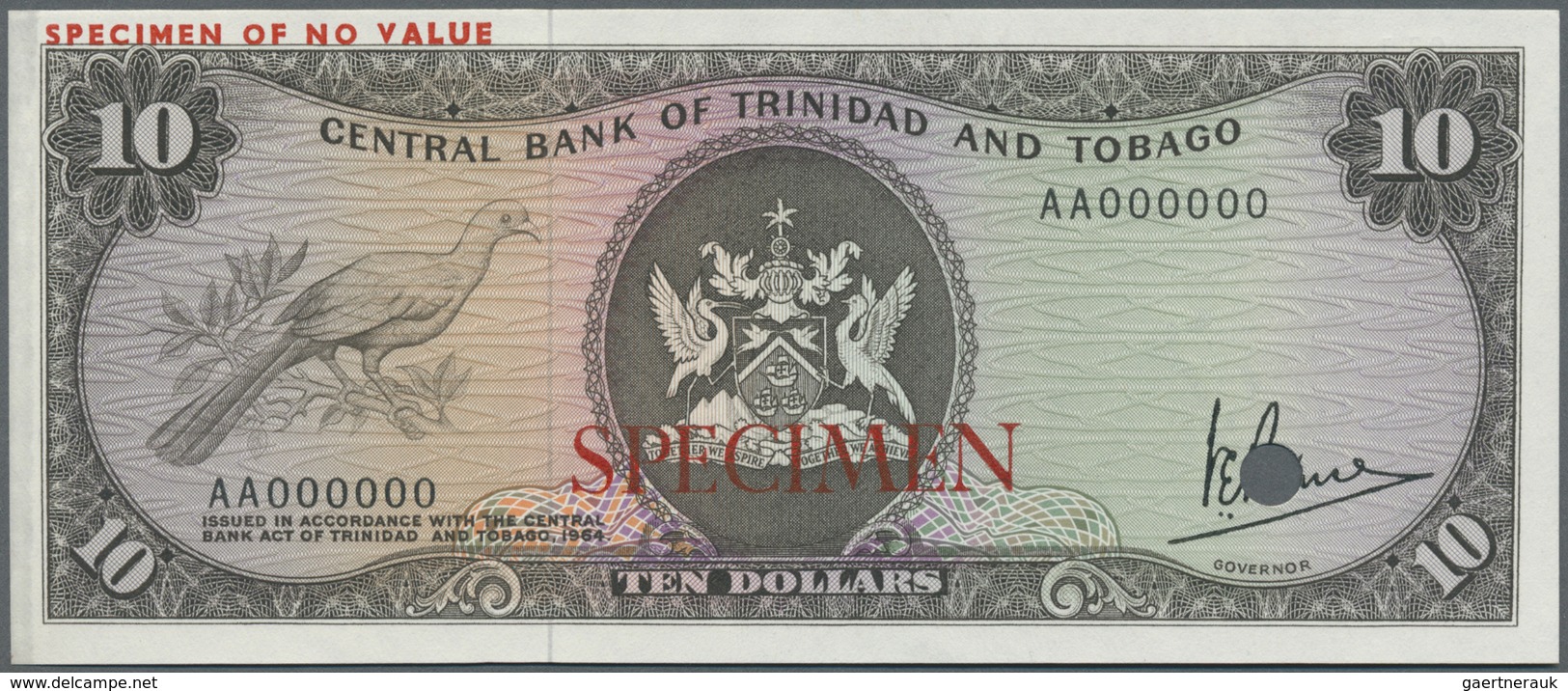 Trinidad & Tobago: 10 Dollars ND(1977) Specimen P. 32s, Zero Serial Numbers And Specimen Overprint, - Trinité & Tobago