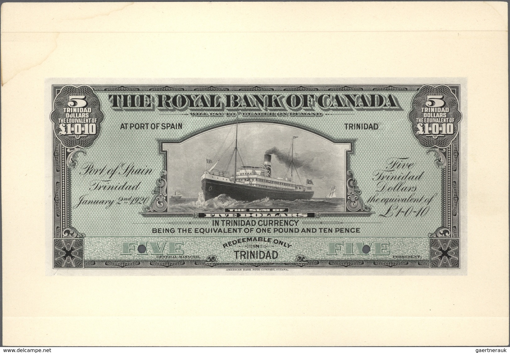 Trinidad & Tobago: The Royal Bank Of Canada 5 Dollars 1920 Front And Backside Remainder On Cardboard - Trinité & Tobago