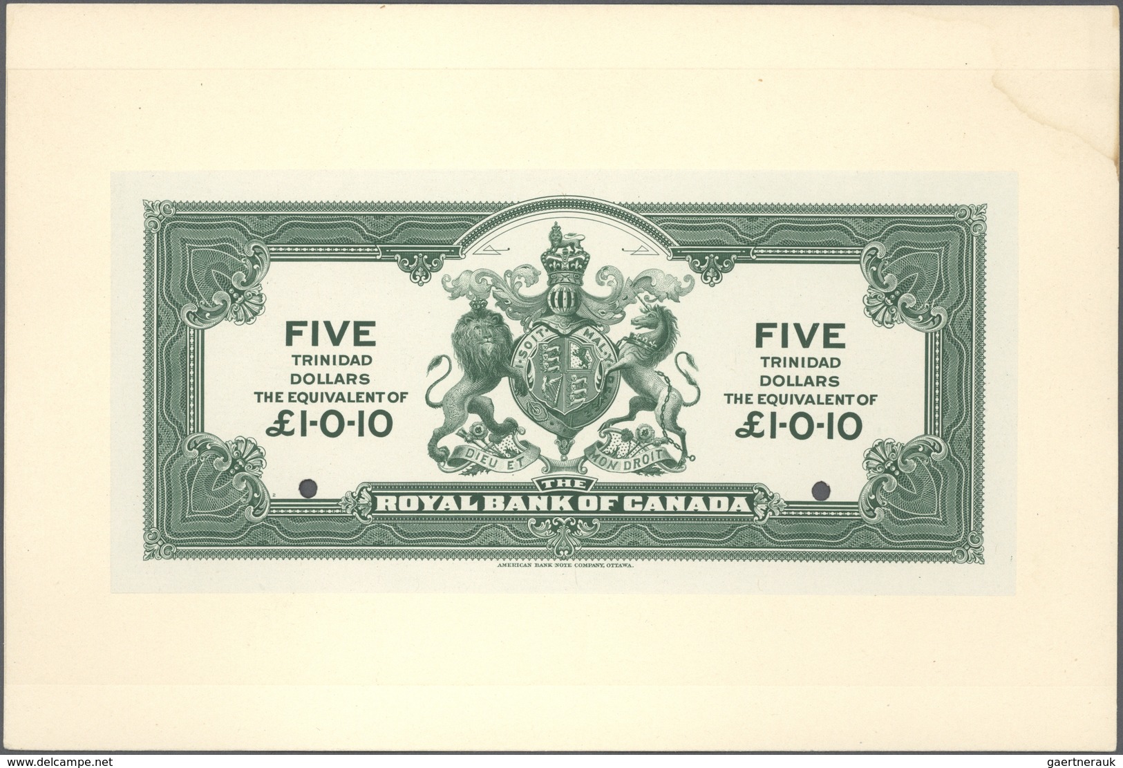 Trinidad & Tobago: The Royal Bank Of Canada 5 Dollars 1920 Front And Backside Remainder On Cardboard - Trinité & Tobago