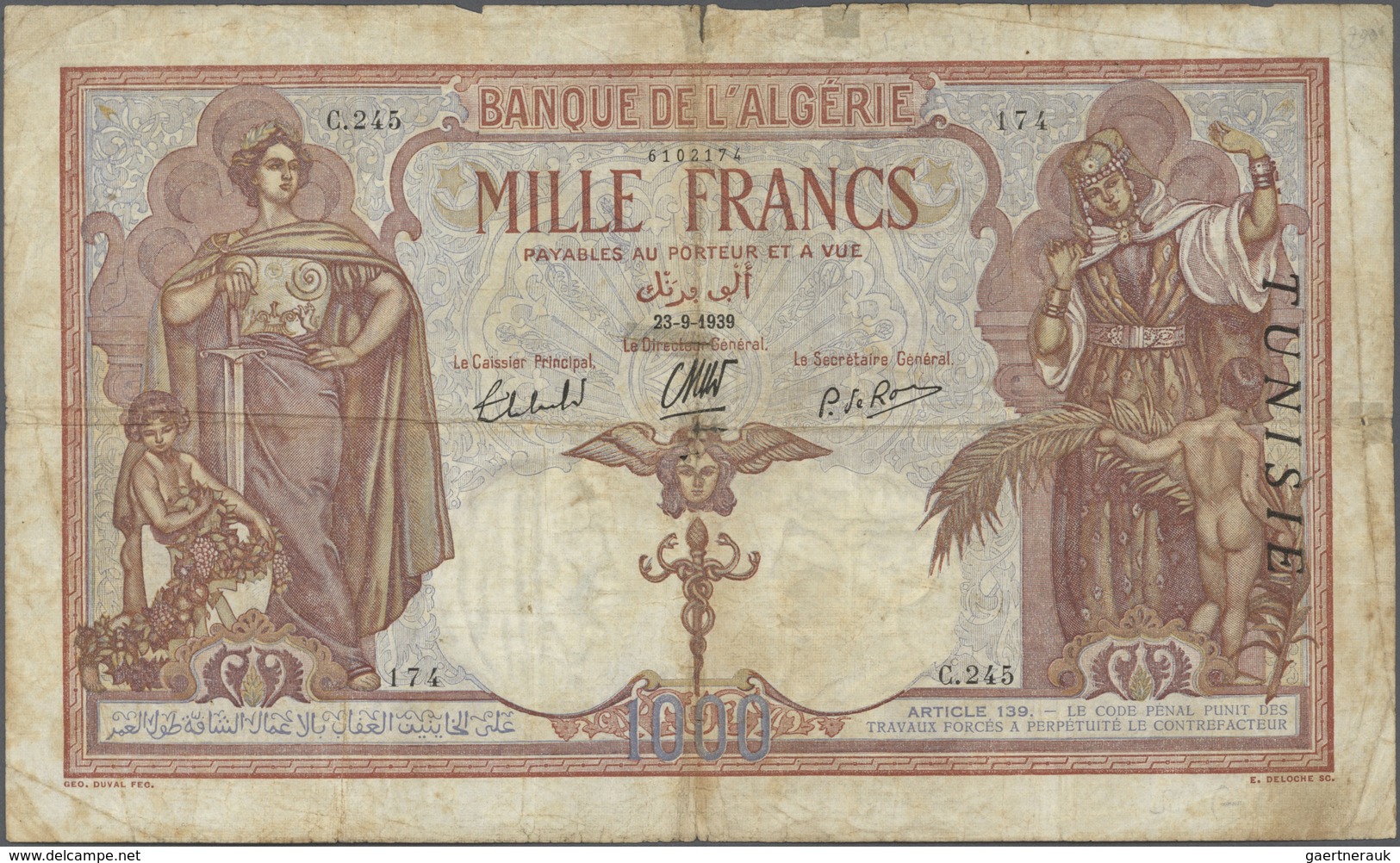 Tunisia / Tunisien: 1000 Francs 1939 P. 11b, TUNISIE Overprint On Algeria Banknote Issue, Used With - Tunisia