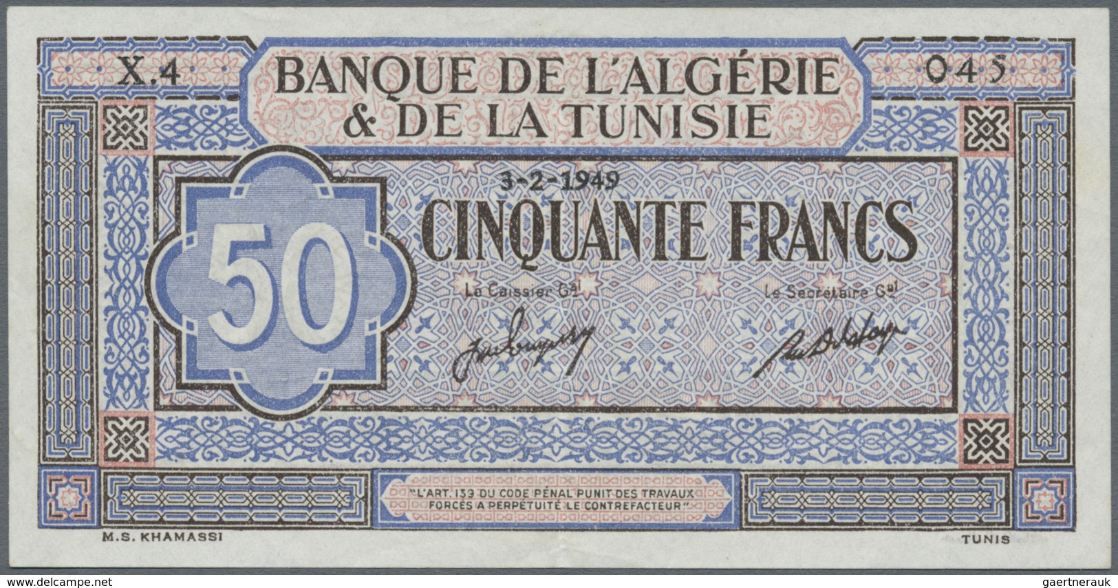 Tunisia / Tunisien: 50 Francs 1959 P. 23, Rarer Issue, Only One Light Center Fold, Otherwise Perfect - Tunisia