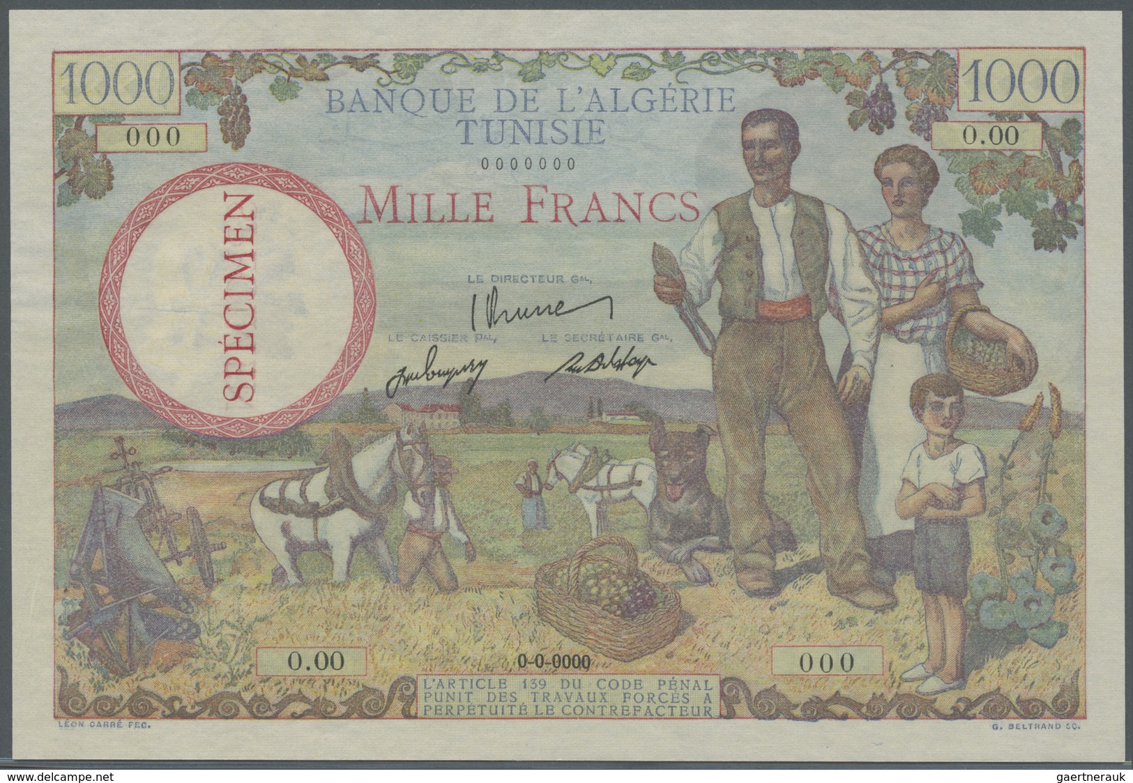 Tunisia / Tunisien: 1000 Francs ND(1946) Specimen P. 26s, With Zero Serial Numbers And Specimen Over - Tunisie