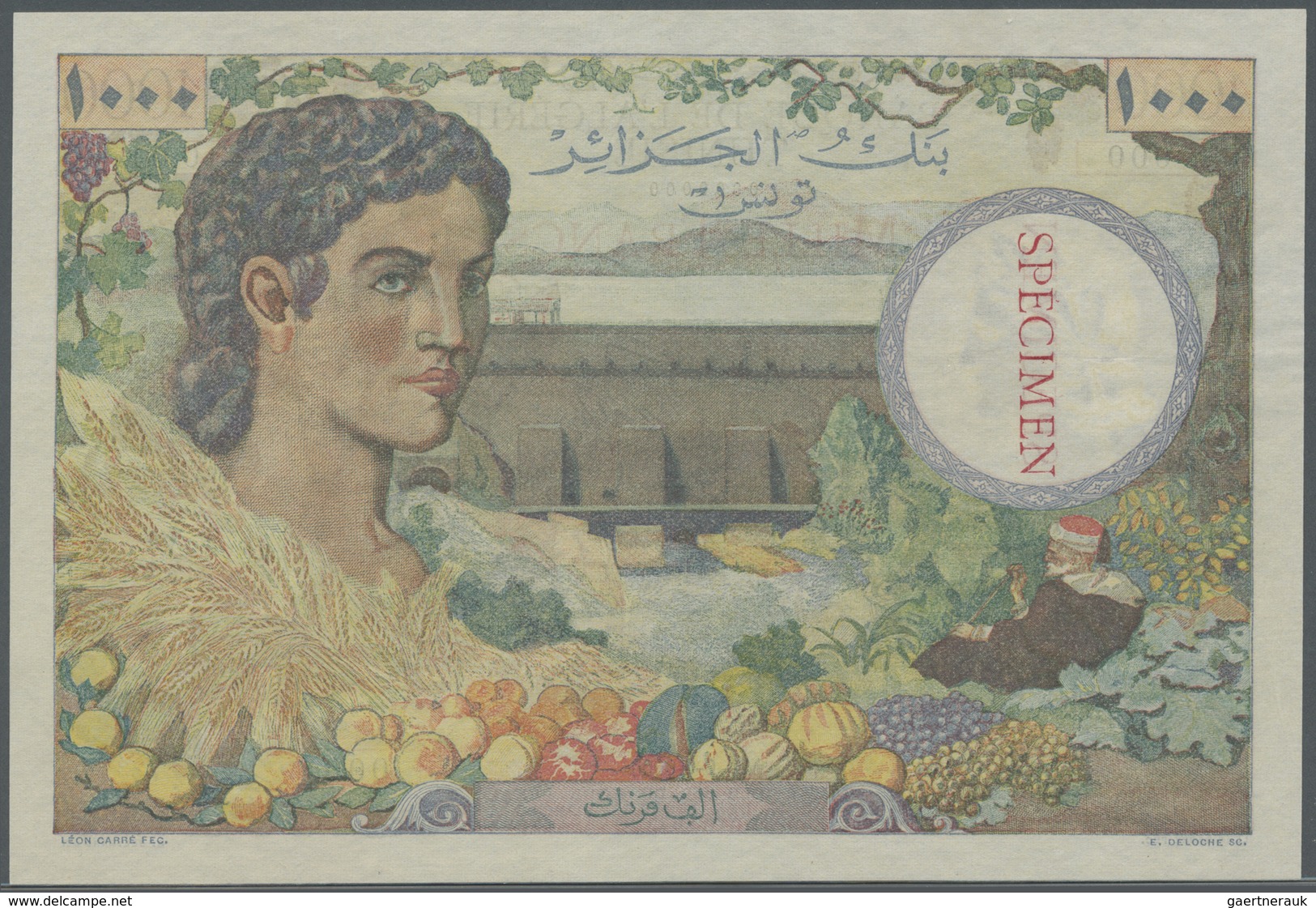 Tunisia / Tunisien: 1000 Francs ND(1946) Specimen P. 26s, With Zero Serial Numbers And Specimen Over - Tunisie