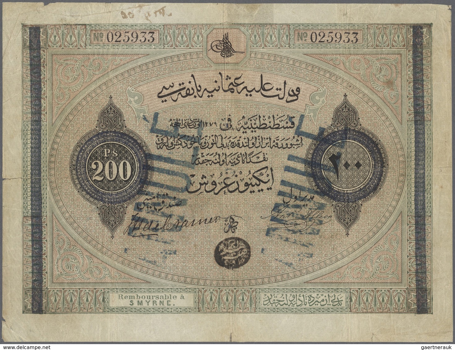 Turkey / Türkei: 200 Piastres 1867 P. 55b, Strong Center Fold Which Causes Tears In Paper Along The - Turquie