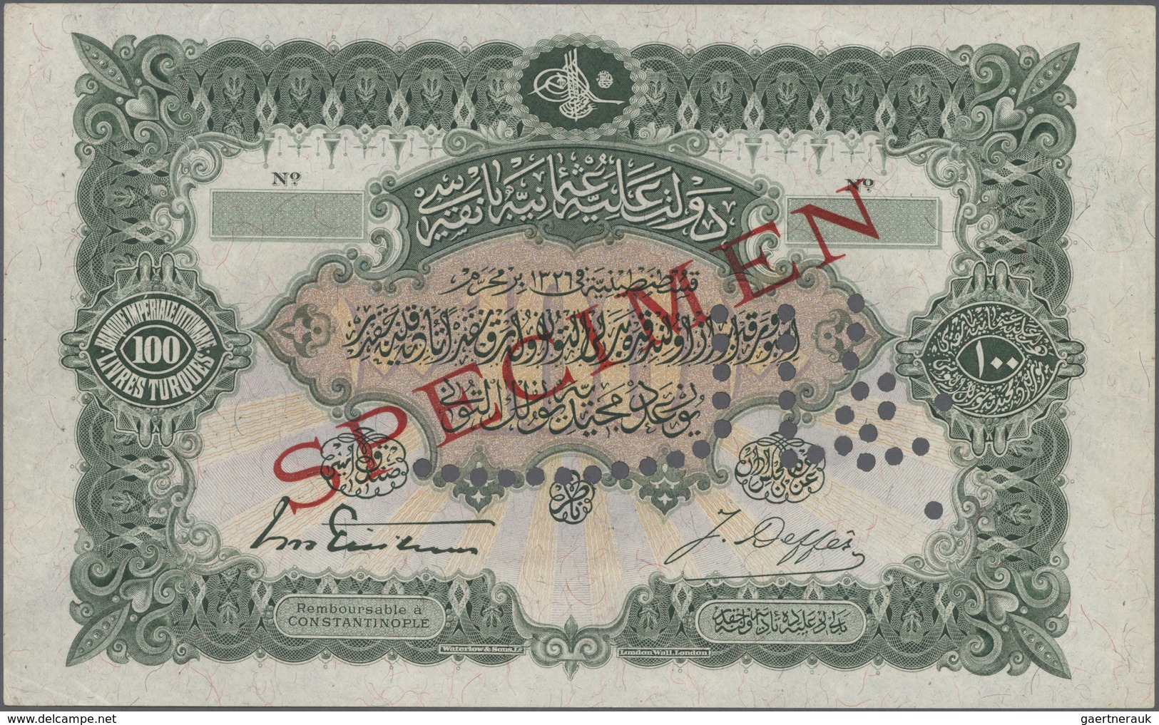 Turkey / Türkei: 100 Livres AH1326 (1908), Tougra Of Sultan Abdul Hamid II, SPECIMEN Of Waterlow & S - Turchia