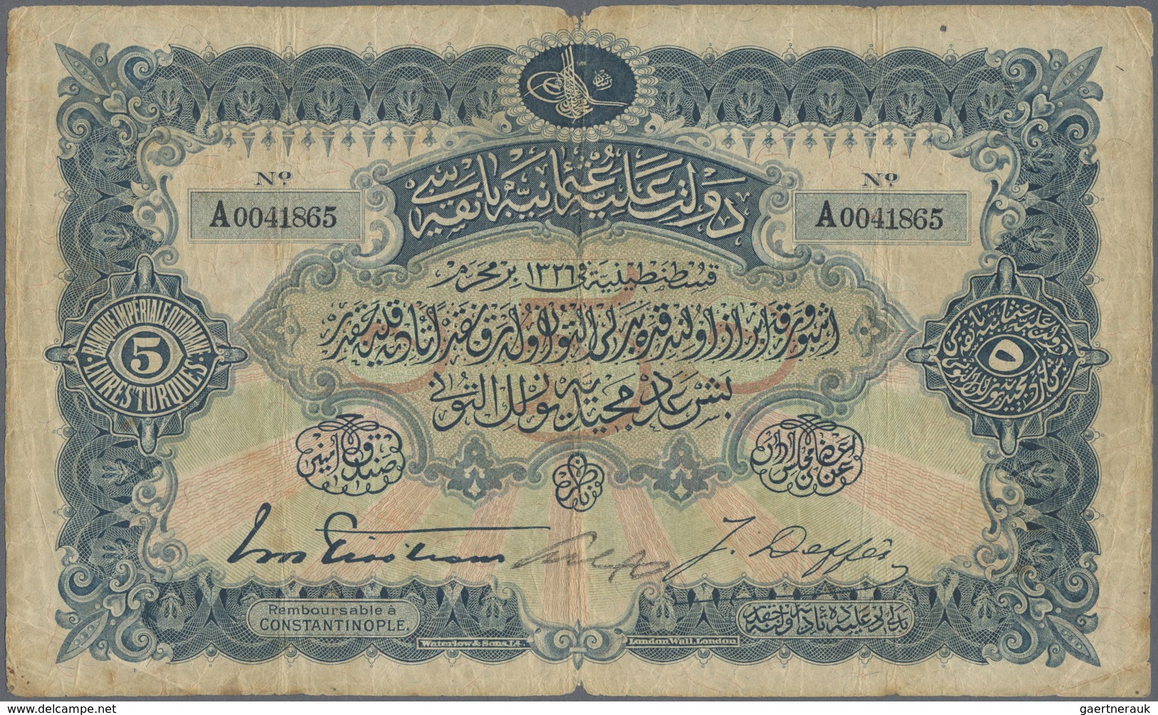 Turkey / Türkei: Banque Impériale Ottomane 5 Livres Turques L.1326 (1909) With Toughra Of Muhammad V - Turquie