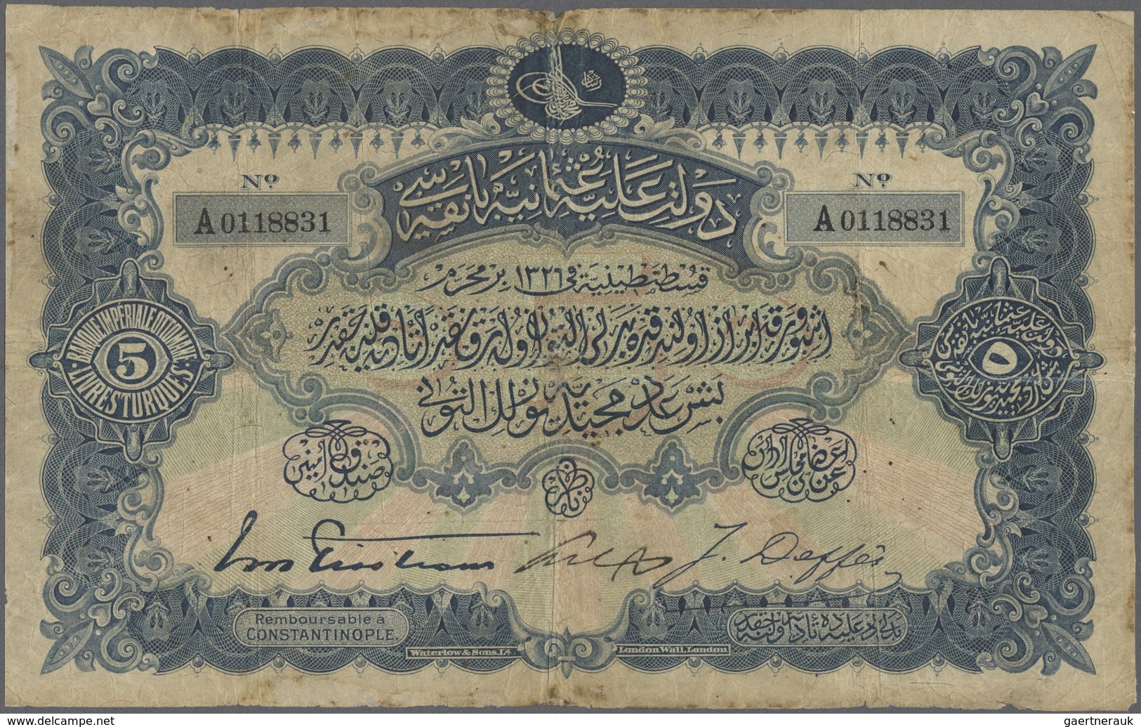 Turkey / Türkei: 5 Livres 1909 P. 64a, Used With 3 Strong Vertical And One Horizontal Fold, Stained - Turquie