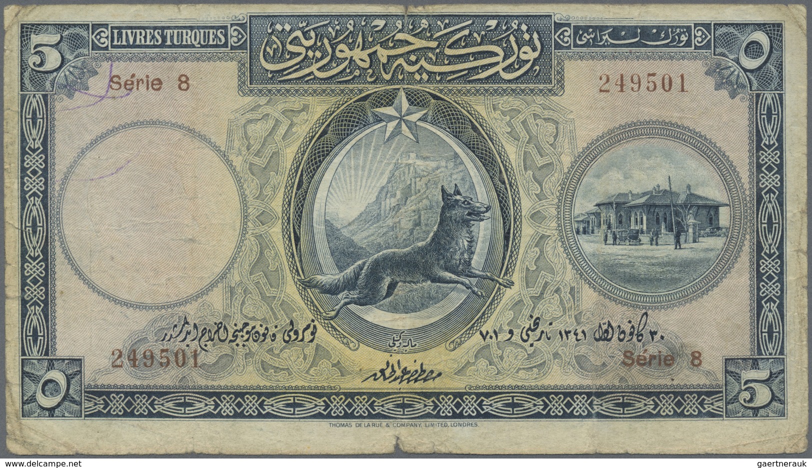 Turkey / Türkei: 5 Livres L. AH1341 (1926), Series 8, P.120 With Toned Paper And Some Spots, Small B - Turkey