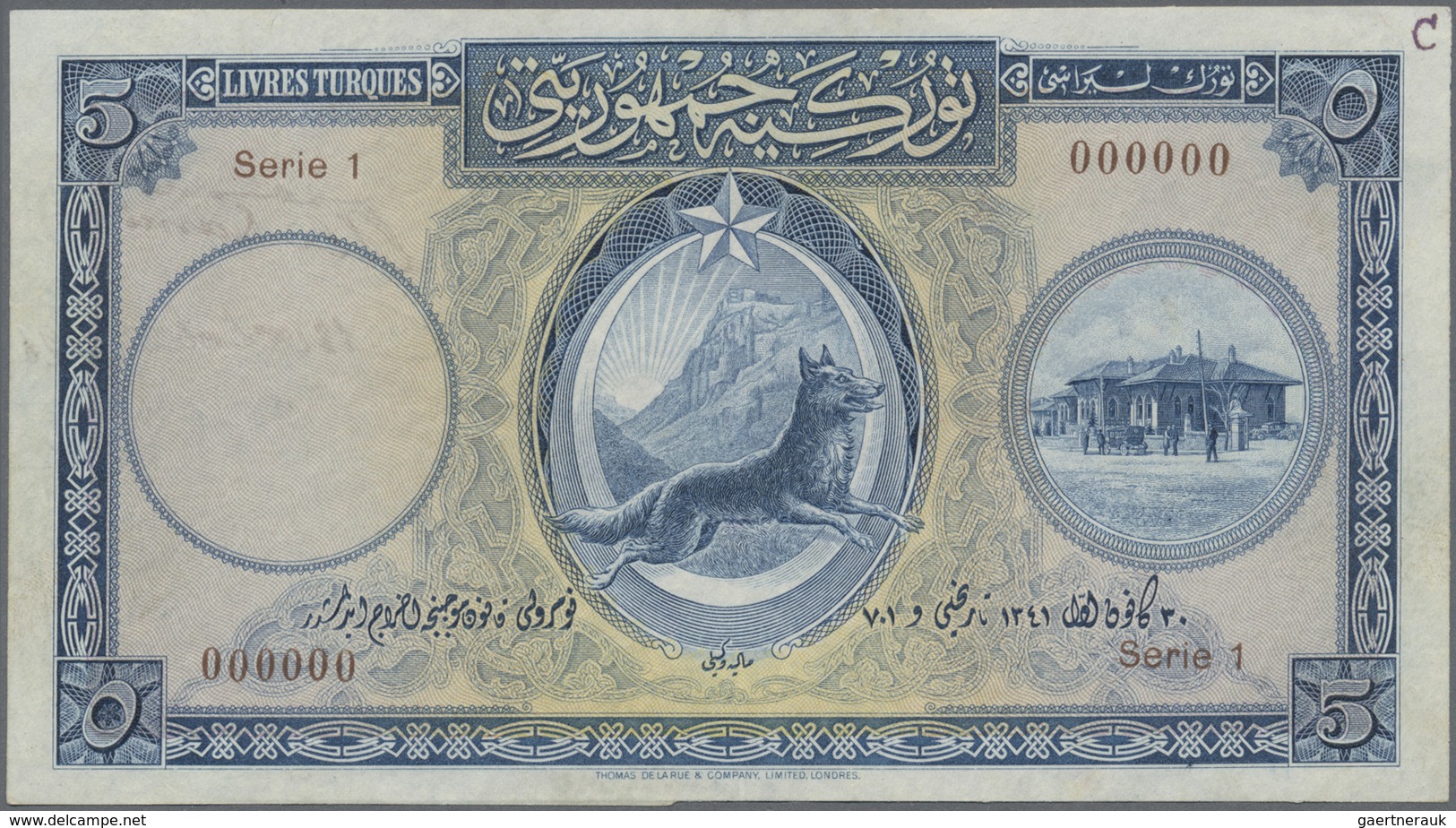 Turkey / Türkei: 5 Livres L. AH1341 (1926) Front Proof SPECIMEN, P.120ps, Hand Cut With Soft Vertica - Turquie