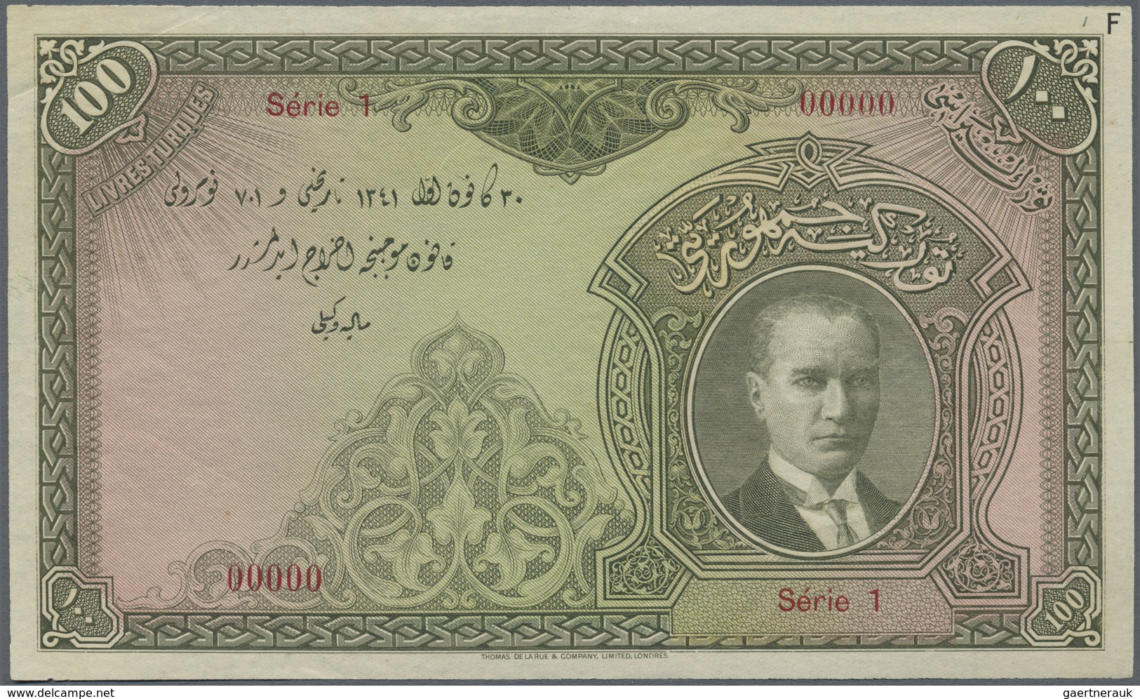 Turkey / Türkei: 100 Livres ND(1927) Specimen P. 123s, Uniface Printed, Corner Fold At Upper Left Co - Turchia