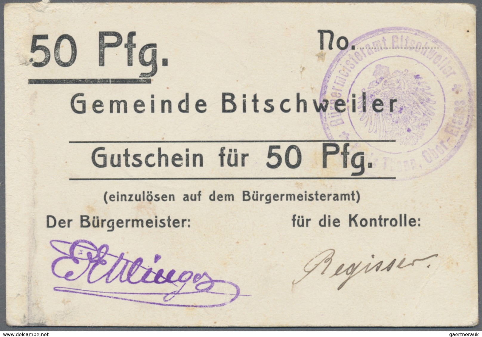 Deutschland - Notgeld - Elsass-Lothringen: Bitschweiler, Oberelsass, Gemeinde, 50 Pf., O. D., Weißer - Autres & Non Classés