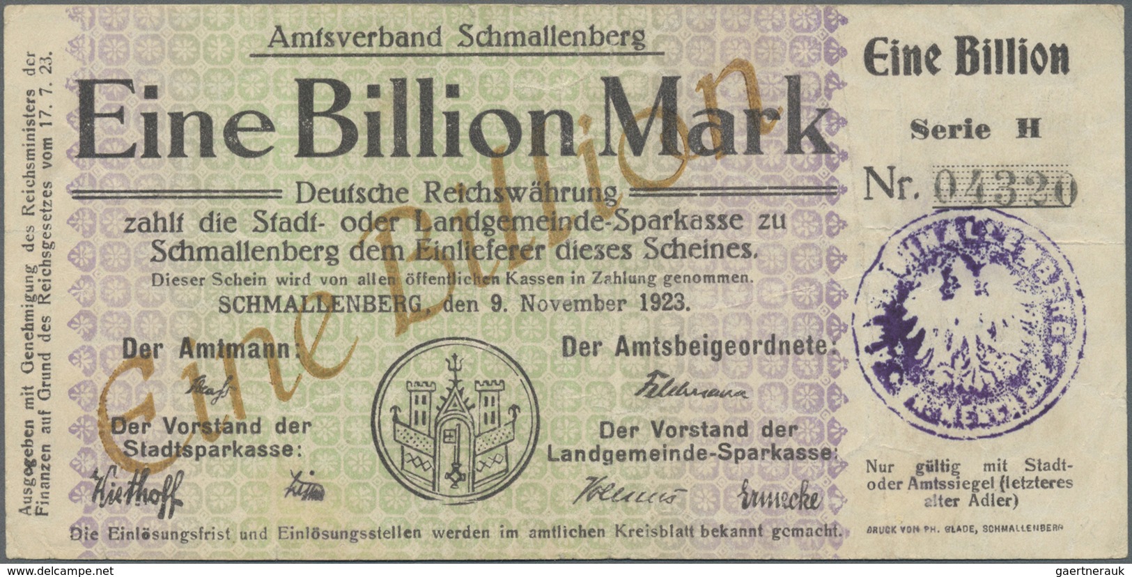Deutschland - Notgeld - Westfalen: Schmallenberg, Stadtsparkasse, 500 Tsd., 5 Mio. Mark, 14.8.1923, - Other & Unclassified