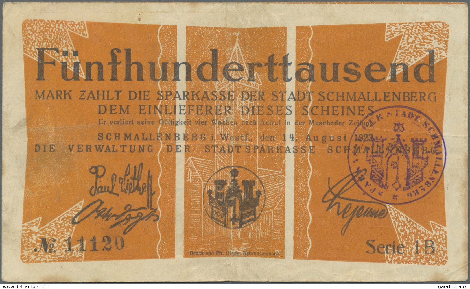 Deutschland - Notgeld - Westfalen: Schmallenberg, Stadtsparkasse, 500 Tsd., 5 Mio. Mark, 14.8.1923, - Autres & Non Classés