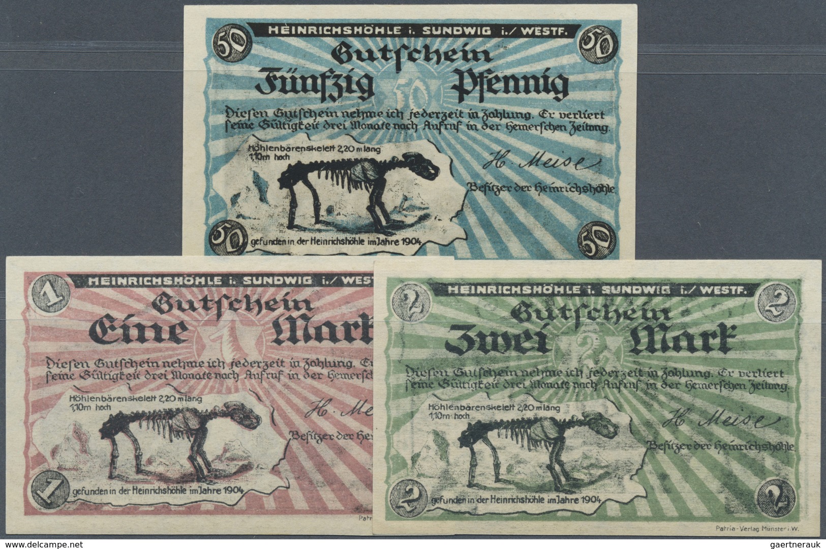 Deutschland - Notgeld - Westfalen: Sundwig, H. Meise, "Heinrichshöhle", 50 Pf., 1, 2 Mark, O. D., Er - Altri & Non Classificati