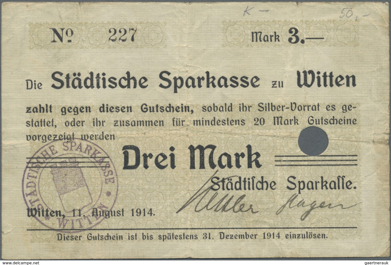 Deutschland - Notgeld - Westfalen: Witten, Städt. Sparkasse, 0,50, 1, 1,50, 2, 3 Mark, 11.8.1914, Da - Other & Unclassified