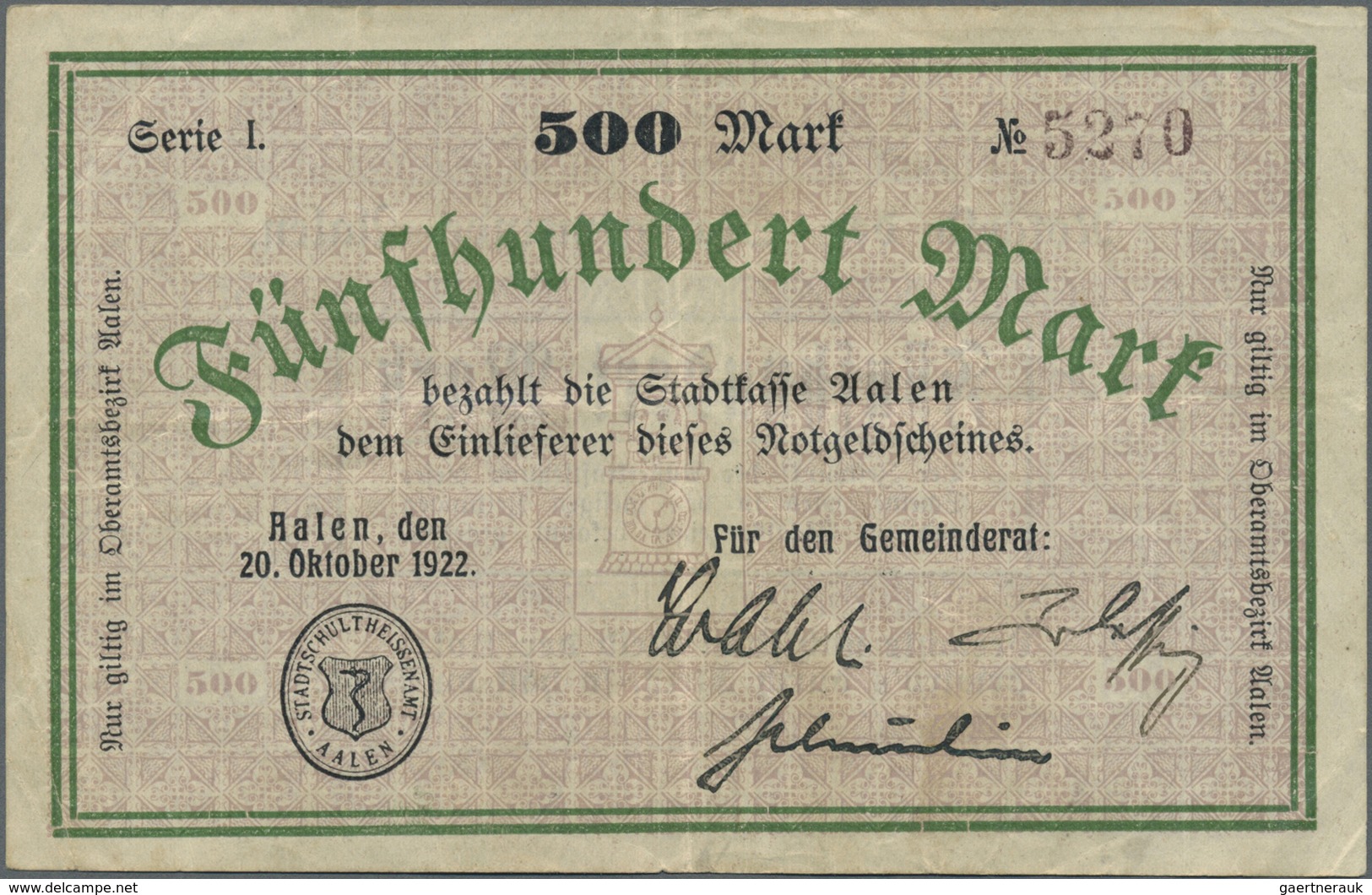 Deutschland - Notgeld - Württemberg: Aalen, Stadt, 500 Mark, 20.10.1922, Gebraucht; 4 X 500 Tsd. Mar - [11] Emissions Locales