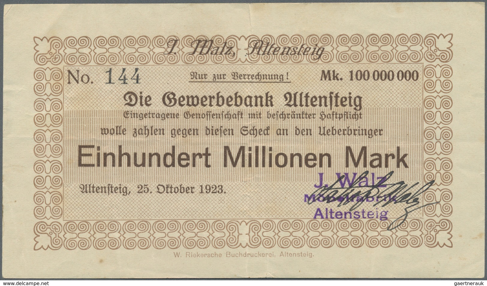 Deutschland - Notgeld - Württemberg: Altensteig, Fa. J. Walz, Möbelfabrik, 100 Mio. Mark, 25.10.1923 - [11] Emissions Locales