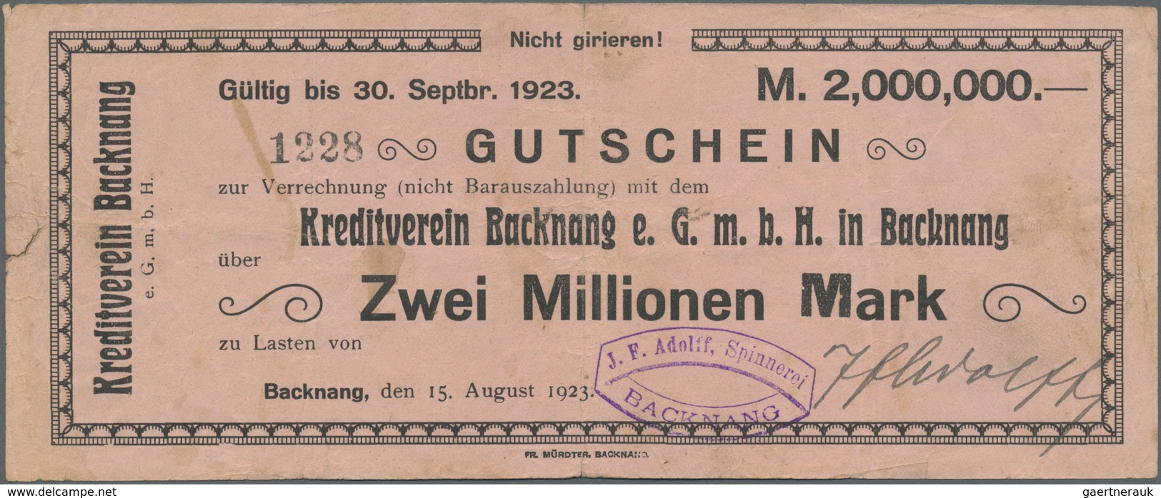 Deutschland - Notgeld - Württemberg: Backnang, Kreditverein, Gutschein, 2 Mio. Mark, 15.8.1923, Mit - [11] Emissions Locales
