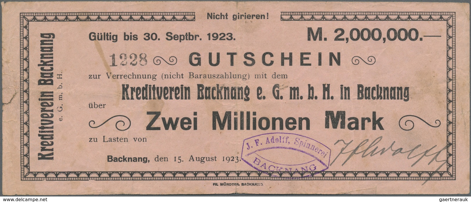 Deutschland - Notgeld - Württemberg: Backnang, Kreditverein, Gutschein, 2 Mio. Mark, 15.8.1923, Mit - [11] Local Banknote Issues