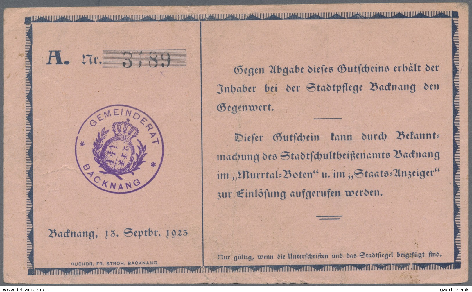 Deutschland - Notgeld - Württemberg: Backnang, Stadt, 2 X 5, 10, 2 X 20, 4 X 50, 3 X 100, 500 Mio., - [11] Emissioni Locali