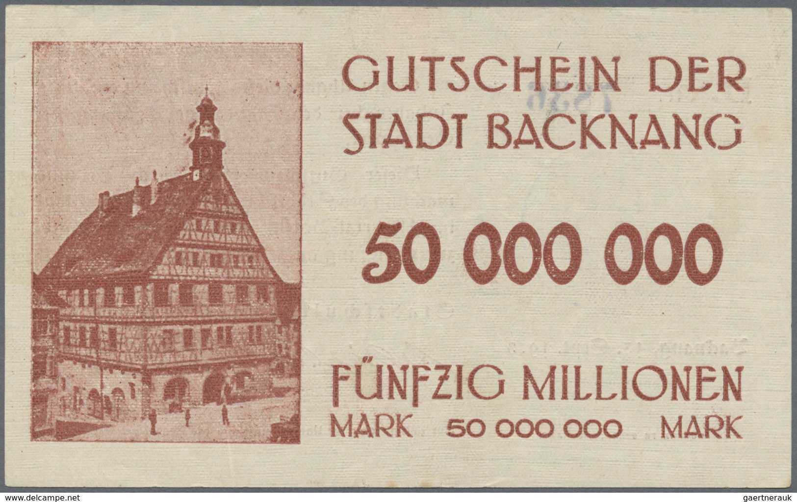 Deutschland - Notgeld - Württemberg: Backnang, Stadt, 2 x 5, 10, 2 x 20, 4 x 50, 3 x 100, 500 Mio.,