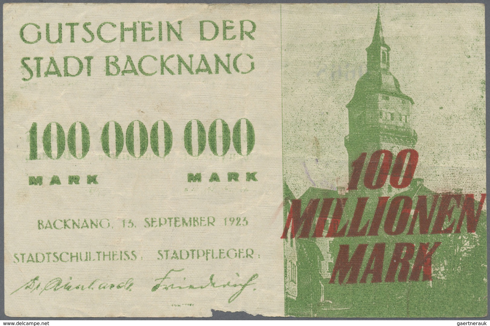 Deutschland - Notgeld - Württemberg: Backnang, Stadt, 2 x 5, 10, 2 x 20, 4 x 50, 3 x 100, 500 Mio.,