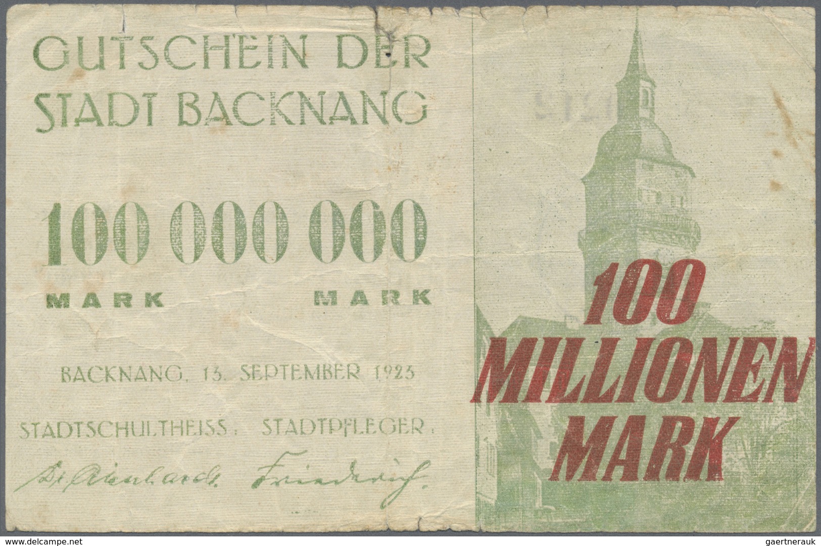 Deutschland - Notgeld - Württemberg: Backnang, Stadt, 2 x 5, 10, 2 x 20, 4 x 50, 3 x 100, 500 Mio.,