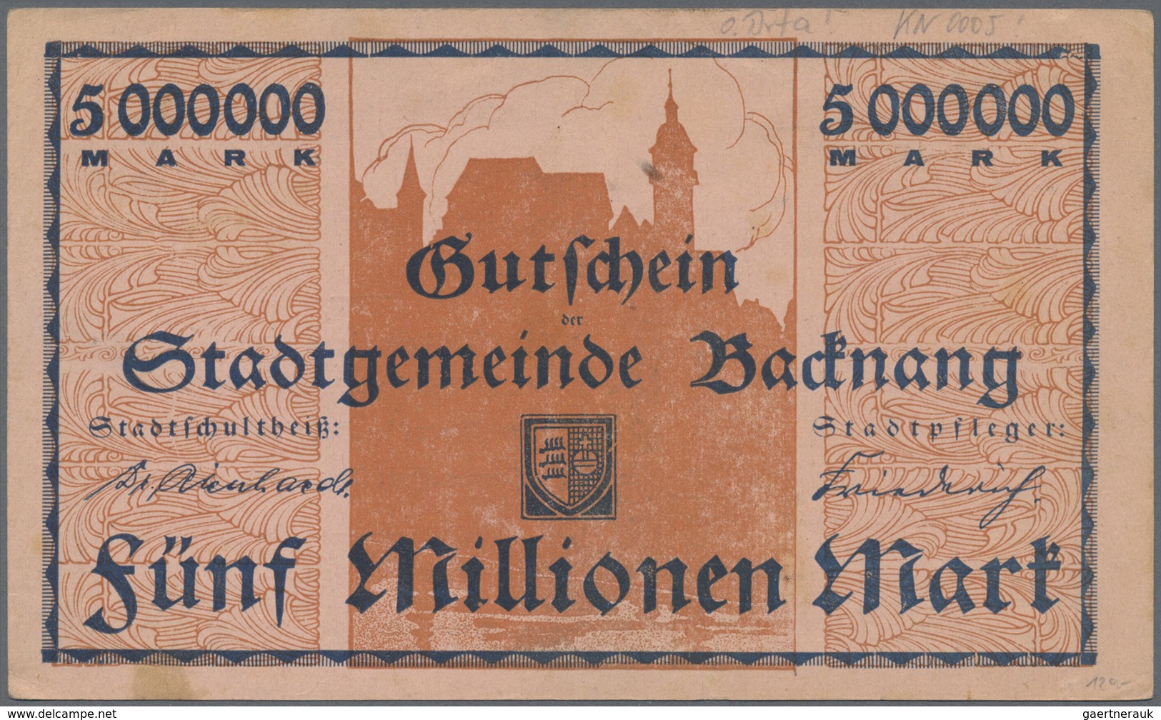 Deutschland - Notgeld - Württemberg: Backnang, Stadt, 2 x 5, 10, 2 x 20, 4 x 50, 3 x 100, 500 Mio.,